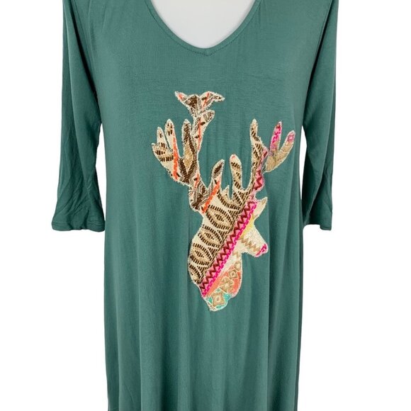 Judith March Medium Green Tunic Dress Embroidered Boho Long Sleeve - Picture 2 of 6